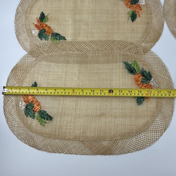 Wicker Straw Placemats Embroidered Carrots Vtg Boho Raffia 19”x13” Oval Set/6 - Picture 9 of 14